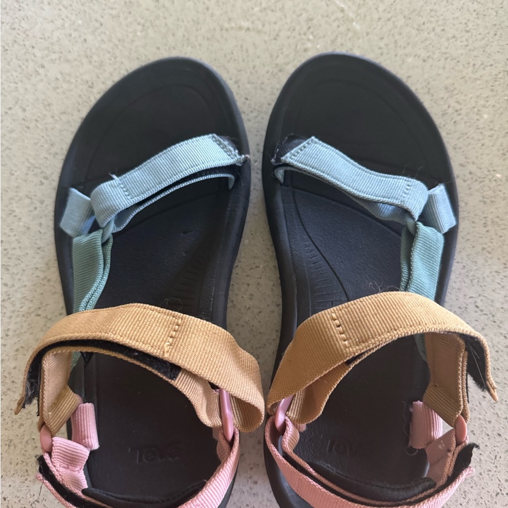 Teva Sandals with Blue, Tan, and Pink Straps
